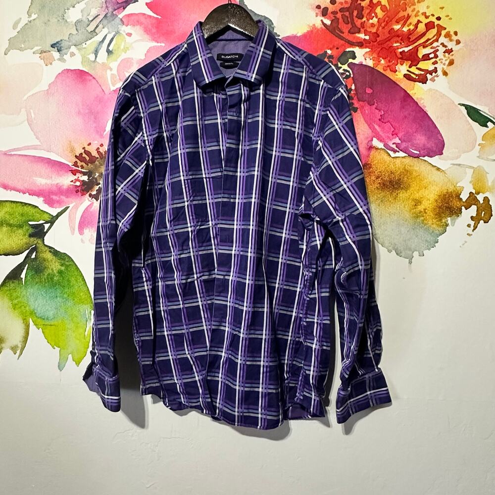 Bugatchi Plaid/Stripped Long Sleeve Button Up XL Shirt Classic Fit Flip Cuff